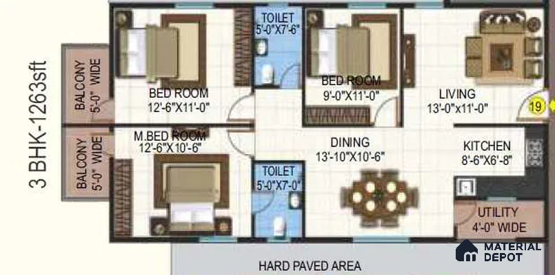 Modern 3BHK apartment floor plan with bedrooms, living, dining, kitchen, utility, and balconies of 3 BHK apartment in Garuda Park Square KR Puram in Bengaluru